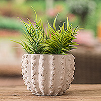 Cement flower pot, 'Cactus Spaces' - Handcrafted Cactus-Shaped Cement Flower Pot from El Salvador