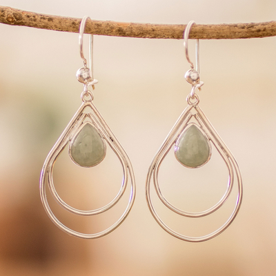 Jade dangle earrings, 'Drop Duo' - Modern Sterling Silver Apple Green Jade Dangle Earrings