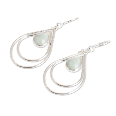 Jade dangle earrings, 'Drop Duo' - Modern Sterling Silver Apple Green Jade Dangle Earrings