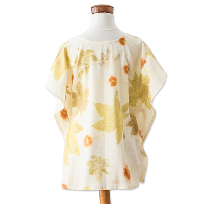 Cotton caftan, 'Magic Summer' - Eco-Printed Leaf-Themed Green and Ivory Cotton Caftan