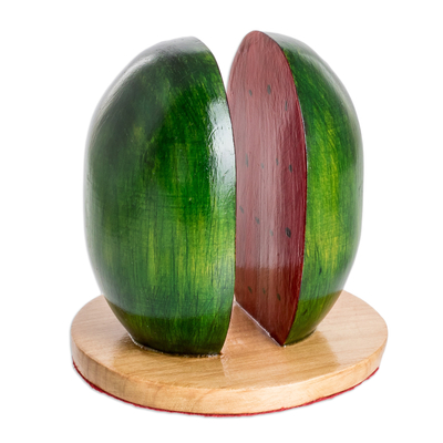 Serviettenhalter aus Holz - Guatemaltekischer handgeschnitzter Wassermelonen-Serviettenhalter aus bemaltem Holz