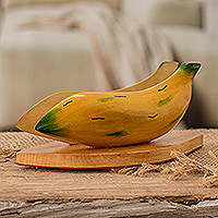 Wood napkin holder, 'Guatemalan Banana' - Guatemalan Hand-Carved and Painted Wood Banana Napkin Holder