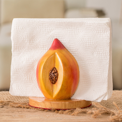 Wood napkin holder, 'Guatemalan Peach' - Guatemalan Hand-Carved & Painted Wood Peach Napkin Holder