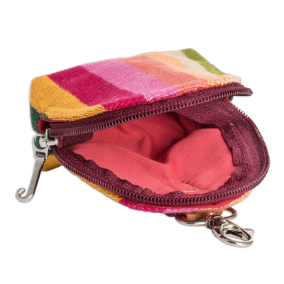 Hand-woven cotton keychain coin purse, 'Tropical Beauty' - Hand-Woven Cotton Keychain Coin Purse with colourful Stripes