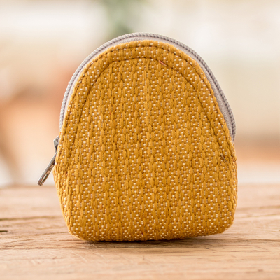 Hand-woven cotton keychain coin purse, 'Weaving Stories in Yellow' - Yellow Cotton Keychain Coin Purse Hand-Woven in Guatemala