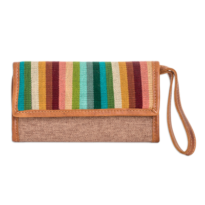 Leather and cotton wristlet, 'Tropical Tan' - Handcrafted Tan Leather Wristlet with Striped Cotton Textile