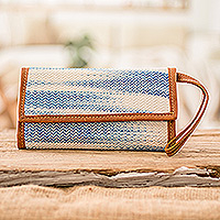 Leather-accented cotton wristlet, 'Colors of Tradition in Blue' - Blue & Ivory Hand-Woven Cotton Wristlet with Leather Accents