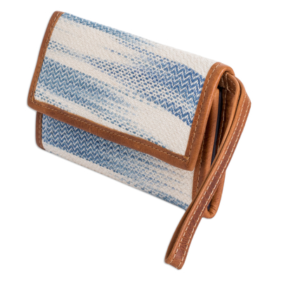 Leather-accented cotton wristlet, 'colours of Tradition in Blue' - Blue & Ivory Hand-Woven Cotton Wristlet with Leather Accents