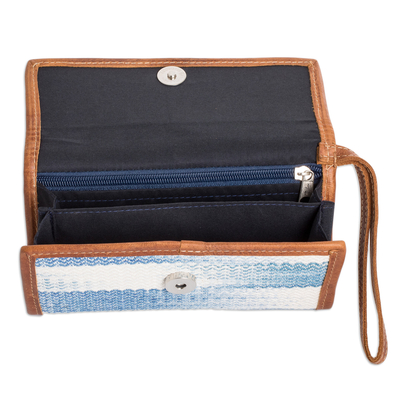 Leather-accented cotton wristlet, 'colours of Tradition in Blue' - Blue & Ivory Hand-Woven Cotton Wristlet with Leather Accents