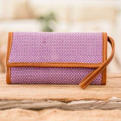 Leather-accented cotton wristlet, 'Weaving Stories in Lilac' - Hand-Woven Lilac Cotton Wristlet with Leather Trim and Strap