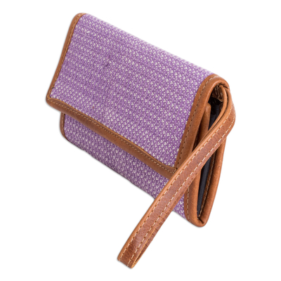 Pulsera de algodón con detalles en cuero - Pulsera de algodón lila tejida a mano con ribete y correa de cuero