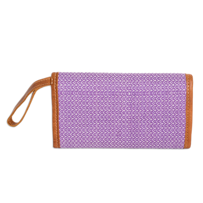 Leather-accented cotton wristlet, 'Weaving Stories in Lilac' - Hand-Woven Lilac Cotton Wristlet with Leather Trim and Strap