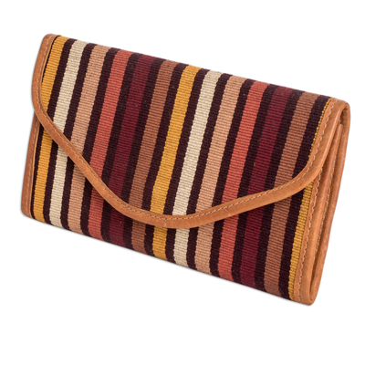 Leather-accented cotton wallet, 'Fertile Land' - Hand-Woven Striped Cotton Wallet with Leather Trim