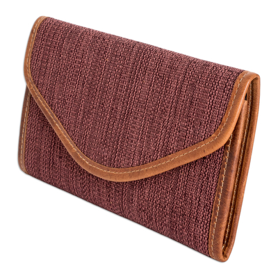 Leather-accented cotton wallet, 'Guatemalan Weaving in Brown' - Brown and Pink Hand-Woven Cotton Wallet with Leather Trim