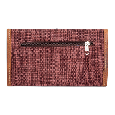 Leather-accented cotton wallet, 'Guatemalan Weaving in Brown' - Brown and Pink Hand-Woven Cotton Wallet with Leather Trim