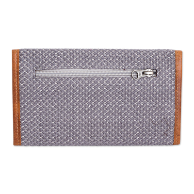 Leather-accented cotton wallet, 'Weaving Stories in Grey' - Grey and White Hand-Woven Cotton Wallet with Leather Trim