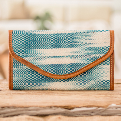 Leather-accented cotton wallet, 'colours of Tradition in Teal' - Teal and White Hand-Woven Cotton Wallet with Leather Trim