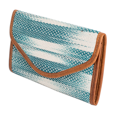 Leather-accented cotton wallet, 'colours of Tradition in Teal' - Teal and White Hand-Woven Cotton Wallet with Leather Trim