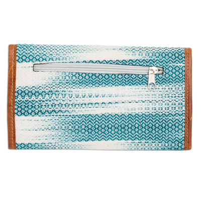 Leather-accented cotton wallet, 'Colors of Tradition in Teal' - Teal and White Hand-Woven Cotton Wallet with Leather Trim