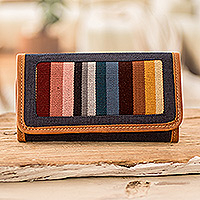 Leather-accented cotton wallet, 'Ethereal Blue' - Handwoven Cotton Wallet with Leather Trim & Colorful Stripes