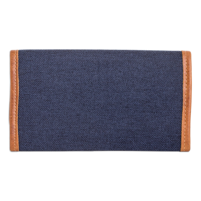 Leather-accented cotton wallet, 'Ethereal Blue' - Handwoven Cotton Wallet with Leather Trim & Colorful Stripes