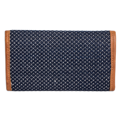 Leather-accented cotton wallet, 'Weaving Stories in Blue' - Blue and White Hand-Woven Cotton Wallet with Leather Trim