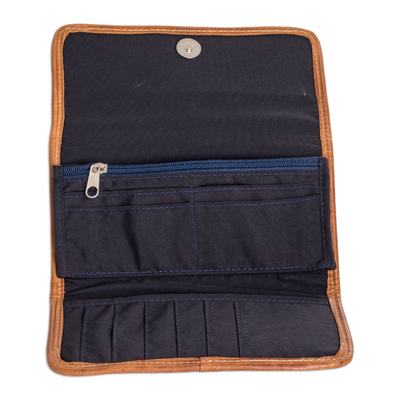 Leather-accented cotton wallet, 'Weaving Stories in Blue' - Blue and White Hand-Woven Cotton Wallet with Leather Trim