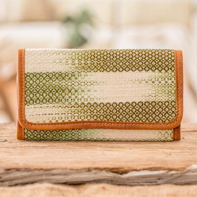 Leather-accented cotton wallet, 'Colors of Tradition in Green' - Green and White Hand-Woven Cotton Wallet with Leather Trim