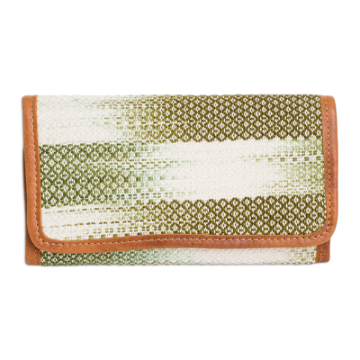 Leather-accented cotton wallet, 'Colors of Tradition in Green' - Green and White Hand-Woven Cotton Wallet with Leather Trim