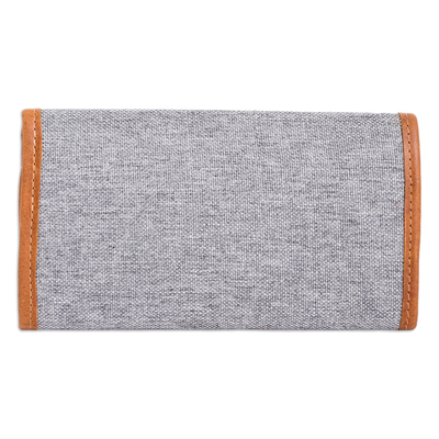 Leather-accented embroidered cotton wallet, 'Floral Dreams in Grey' - Woven Cotton Wallet with Floral Embroidery and Leather Trim