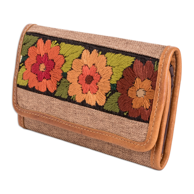Leather-accented embroidered cotton wallet, 'Floral Dreams' - Hand-Woven and Embroidered Cotton Wallet with Leather Trim