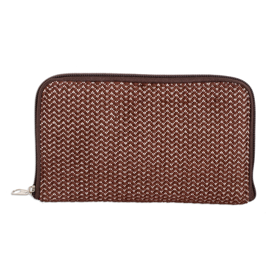 Hand-woven cotton wallet, 'Weaving Stories in Brown' - Hand-Woven Cotton Zipper Wallet in Brown and White Shades