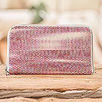 Hand-woven cotton wallet, 'Colors of Tradition in Cherry' - Hand-Woven Cotton Zipper Wallet in Cherry Pink and White