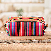Leather-accented cotton cosmetic bag, 'Festive Era' - Leather-Accented Multicolor Striped Cotton Cosmetic Bag