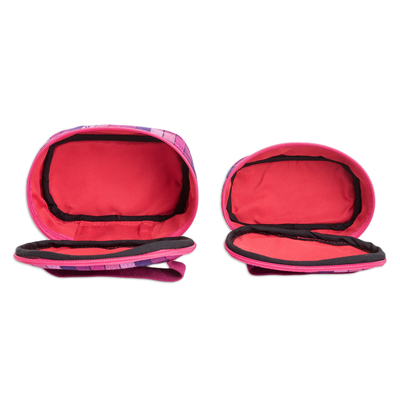 Leather-accented cotton cosmetic bags, 'Magenta Styles' (set of 2) - Set of 2 Magenta and Purple Striped Cotton Cosmetic Bags