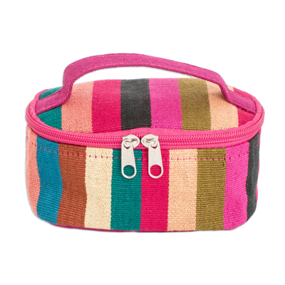Leather-accented cotton cosmetic bag, 'Tropical Ideas' (small) - Handloomed Multicolor Striped Cotton Cosmetic Bag (Small)