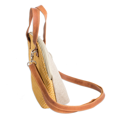 Leather-accented cotton sling bag, 'Honey Memoirs' - Leather-Accented Adjustable Cotton Sling Bag in a Honey Hue