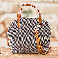 Leather-accented cotton sling bag, 'Titanium Memoirs' - Leather-Accented Adjustable Cotton Sling Bag in Titanium Hue
