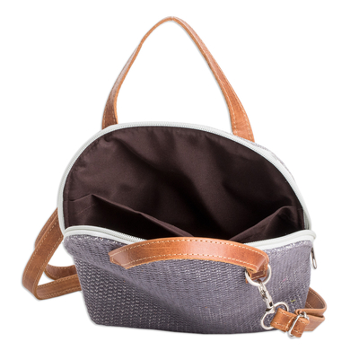 Leather-accented cotton sling bag, 'Titanium Memoirs' - Leather-Accented Adjustable Cotton Sling Bag in Titanium Hue
