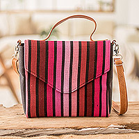 Leather-accented cotton sling bag, 'Carnation Fate' - Leather-Accented Striped Cotton Sling Bag in Pink and Red