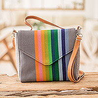 Leather-accented cotton sling bag, 'Pewter Fate' - Leather-Accented Striped Cotton Sling Bag in Grey Base Hue