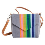 Leather-accented cotton sling bag, 'Pewter Fate' - Leather-Accented Striped Cotton Sling Bag in Grey Base Hue