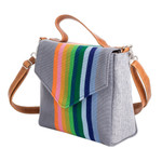 Leather-accented cotton sling bag, 'Pewter Fate' - Leather-Accented Striped Cotton Sling Bag in Grey Base Hue