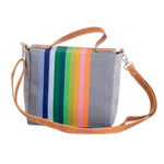 Leather-accented cotton sling bag, 'Pewter Fate' - Leather-Accented Striped Cotton Sling Bag in Grey Base Hue