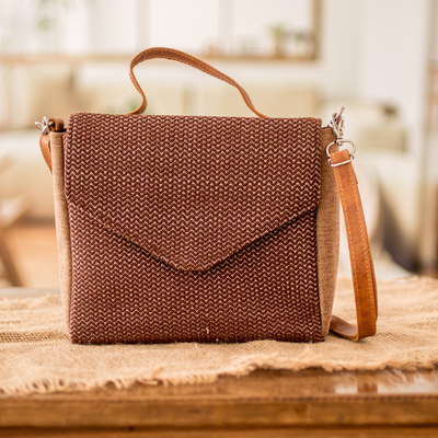 Leather-accented cotton sling bag, 'Chocolate Fate' - Leather-Accented Cotton Sling Bag in Brown and White Hues