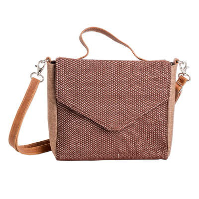 Leather-accented cotton sling bag, 'Chocolate Fate' - Leather-Accented Cotton Sling Bag in Brown and White Hues
