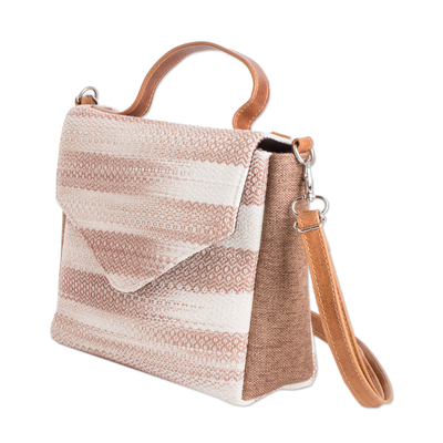 Leather-accented cotton sling bag, 'Beige Fate' - Leather-Accented Cotton Sling Bag in Beige and Ivory Hues