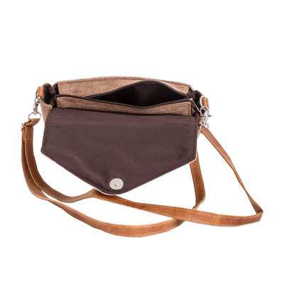 Leather-accented cotton sling bag, 'Beige Fate' - Leather-Accented Cotton Sling Bag in Beige and Ivory Hues