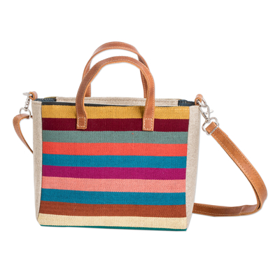 Leather-accented cotton shoulder bag, 'Tropical Season' - Leather-Accented Colorful Striped Cotton Shoulder Bag