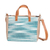 Leather-accented cotton shoulder bag, 'Oceanic Season' - Leather-Accented Abstract Teal and Aqua Cotton Shoulder Bag